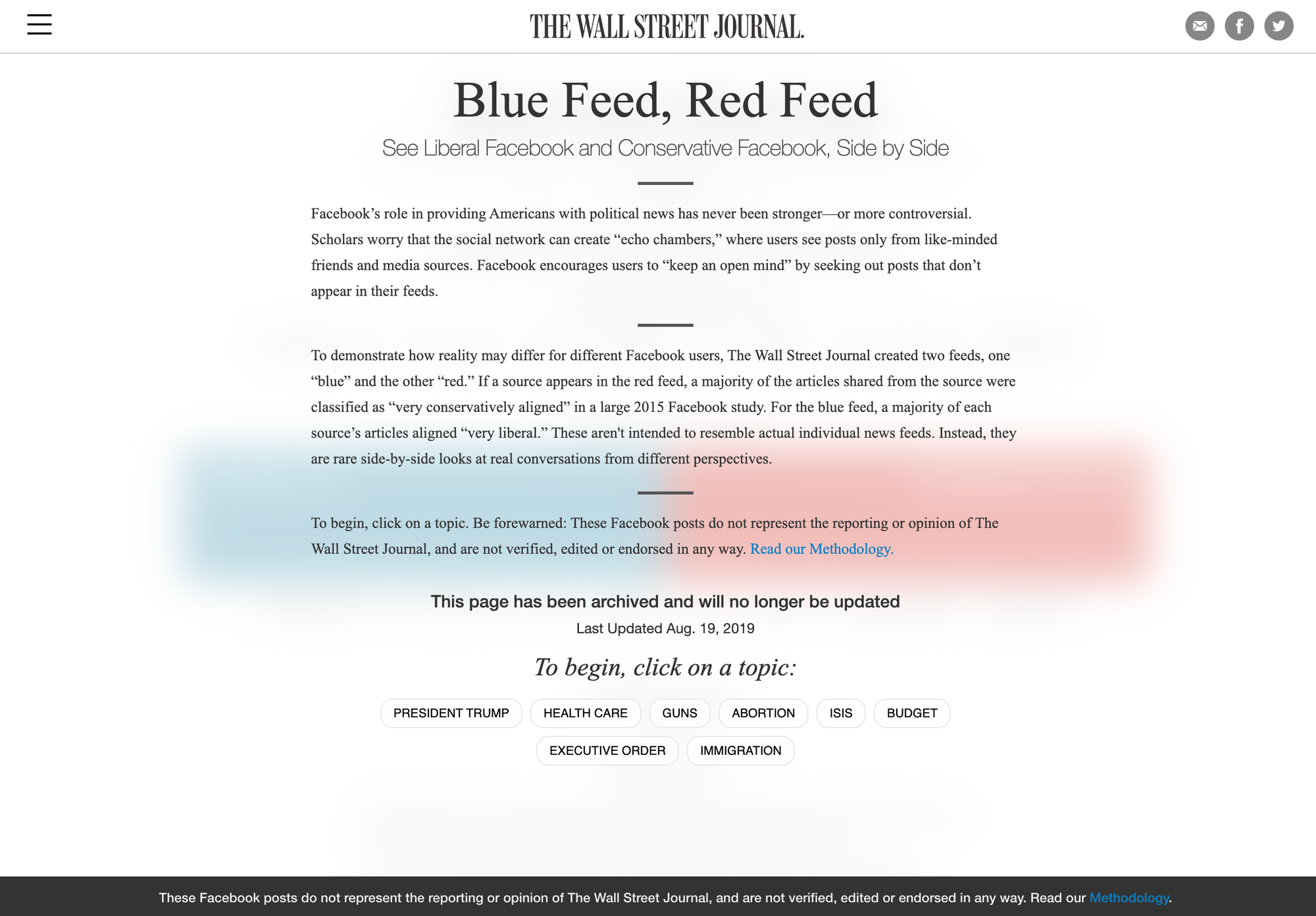 Screenshot of The Wall Street Journal’s Blue Feed, Red Feed project page showing an archived interactive from 2016 that compared liberal and conservative Facebook feeds side by side to illustrate how social media algorithms shape polarized information bubbles.